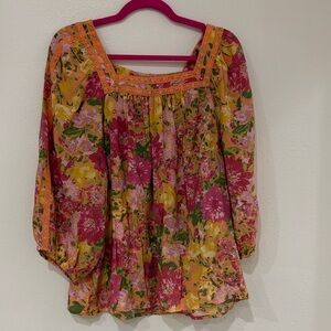 LC Lauren Conrad Floral Square Neck Blouse - Pink and Yellow